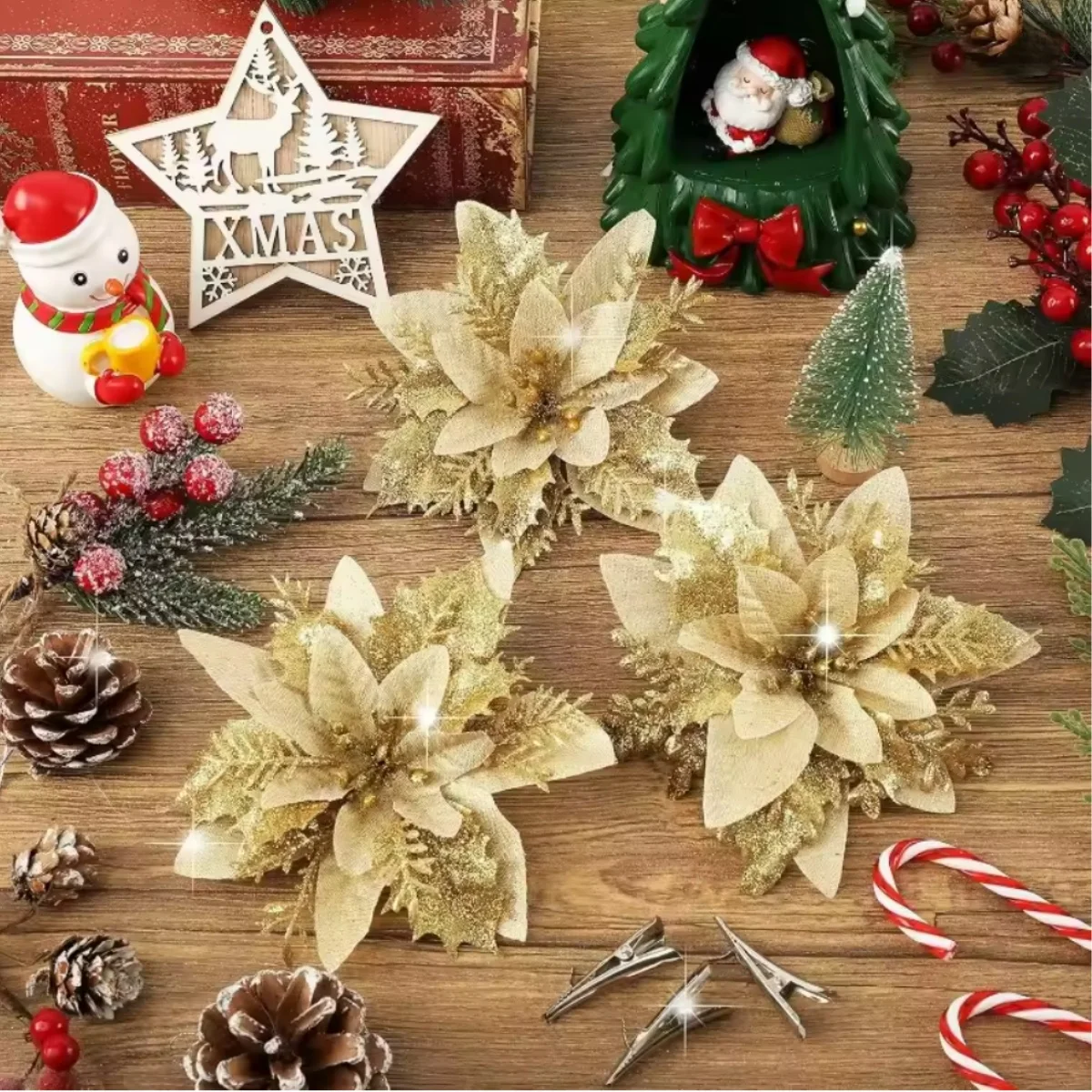 زهور عيد الميلاد الاصطناعية اللامعة الكبيرة مع مشابك DIY زهرة وهمية شجرة عيد الميلاد الحلي للمنزل لوازم الديكور السنة الجديدة #4