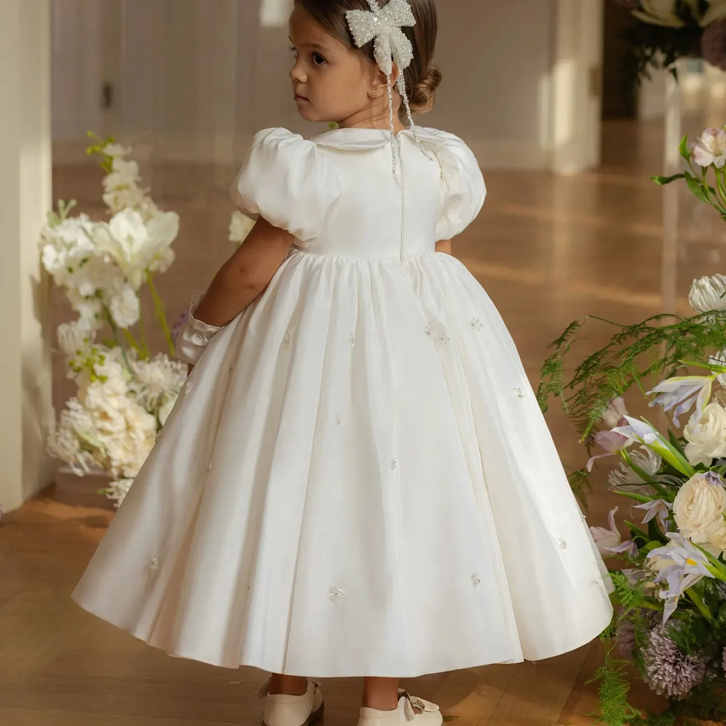 Vestidos blancos de flores para niña, vestido de desfile para boda, satén con cuentas hasta el tobillo, fiesta de cumpleaños de princesa, vestido de primera comunión