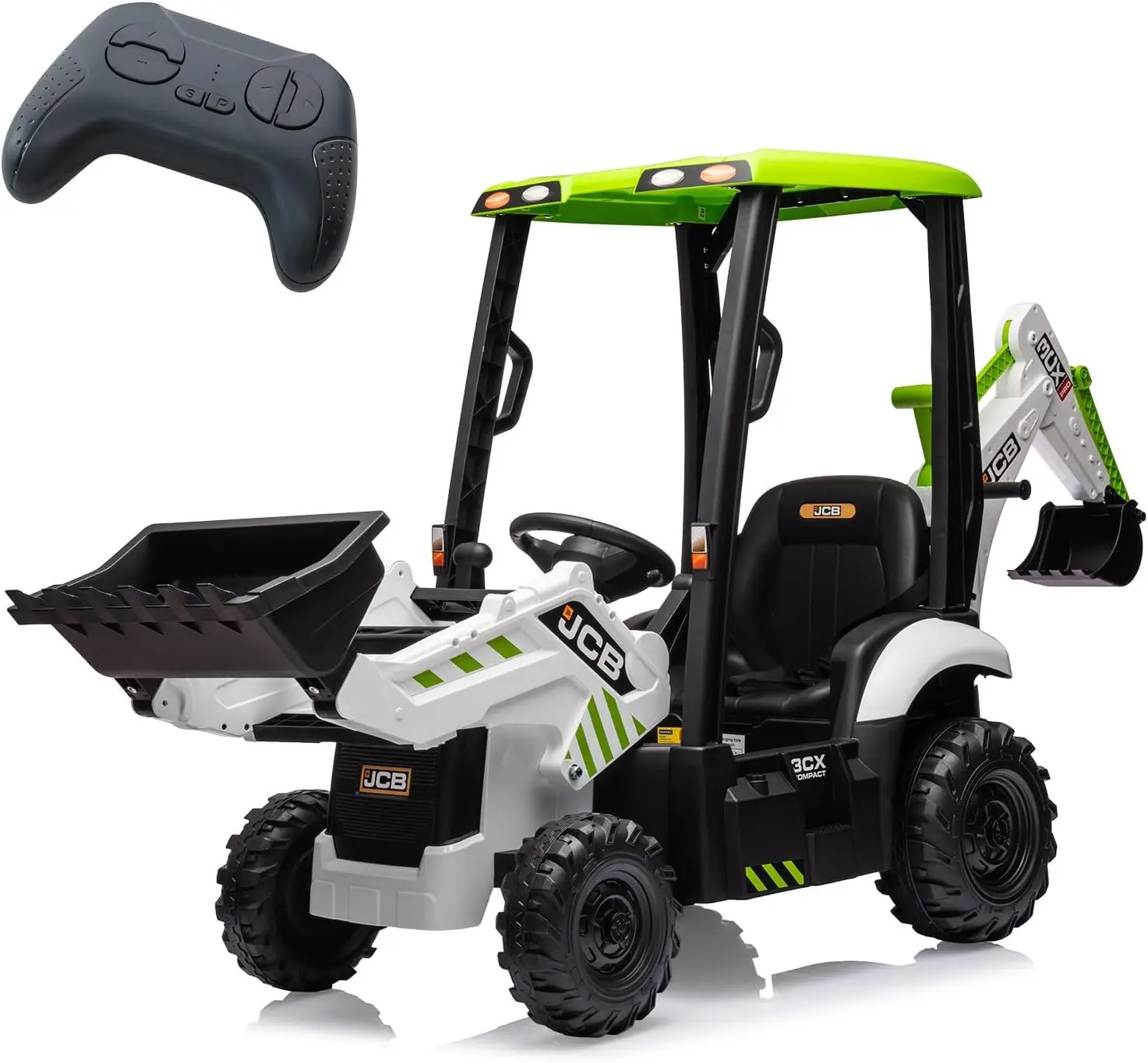 Macchinina giocattolo con terna elettrica JCB da 12 V, escavatore alimentato a batteria e giocattoli per veicoli da costruzione con pala gommata con telecomando