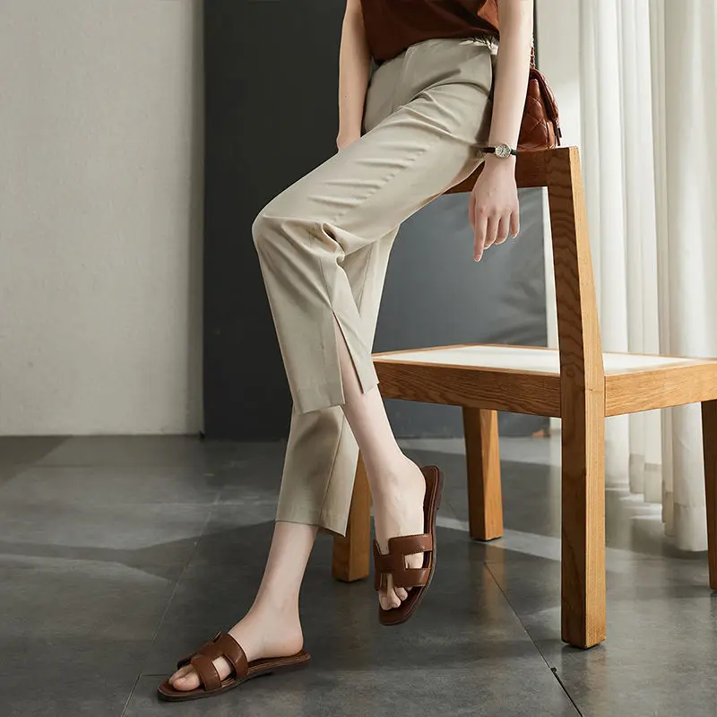 Loose Elastic Waist Simplicity Straight Solid Pockets Comfortable Pants Casual Office Lady Spring Summer Thin Women's Clothing