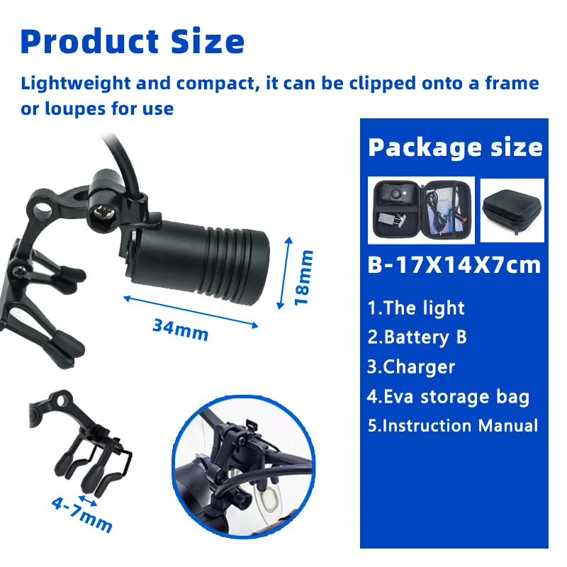 

Ginghealy 70000lux 5W clamp type focus high brightness medical headlight filter loupes no blue light Neck mounted battery