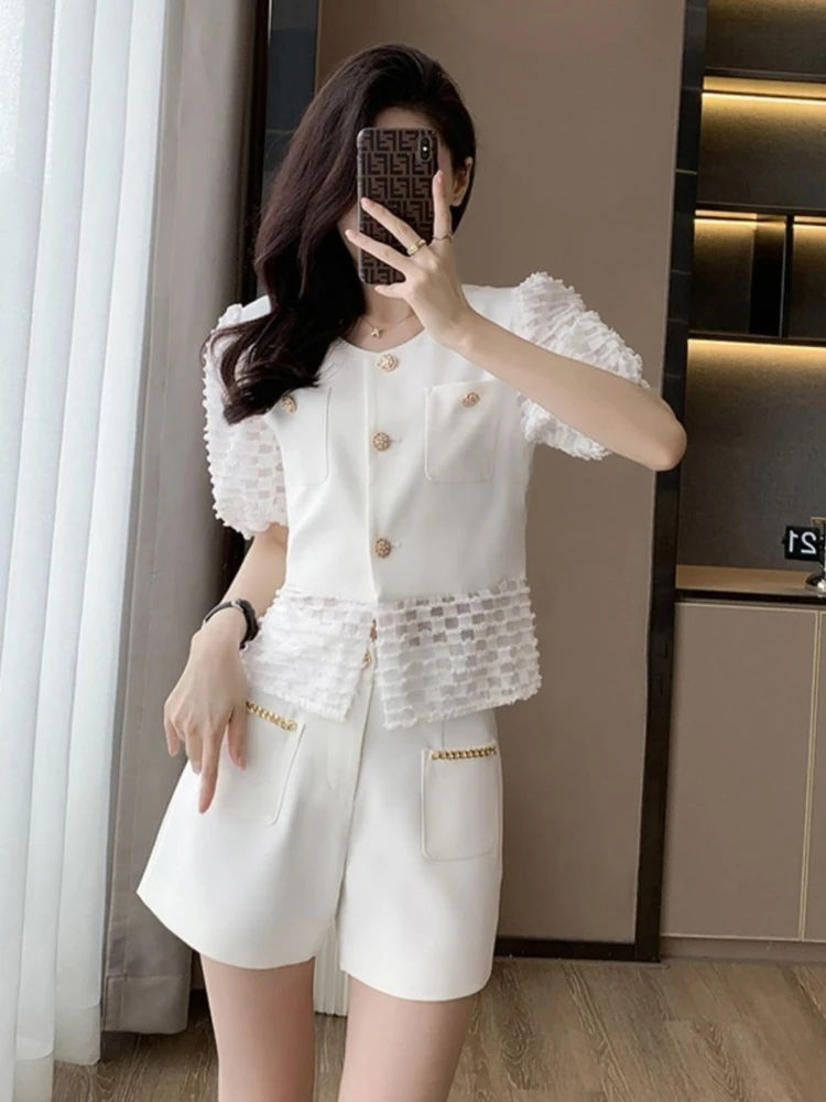 

French style small fragrance fashion set spring 2025 new item thin lace shirt high waisted shorts two-piece set for women