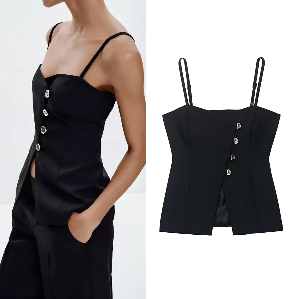 

Women's new fashion asymmetrical button decoration black suspender top retro sleeveless women's vest chic top
