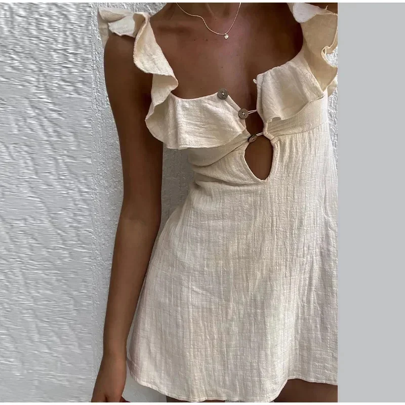 Elegant Cotton Linen Hollow Out Mini Dress Women Square Neck Backless Buttons Ruffles Sexy Short Dresses Summer Holiday Vestido