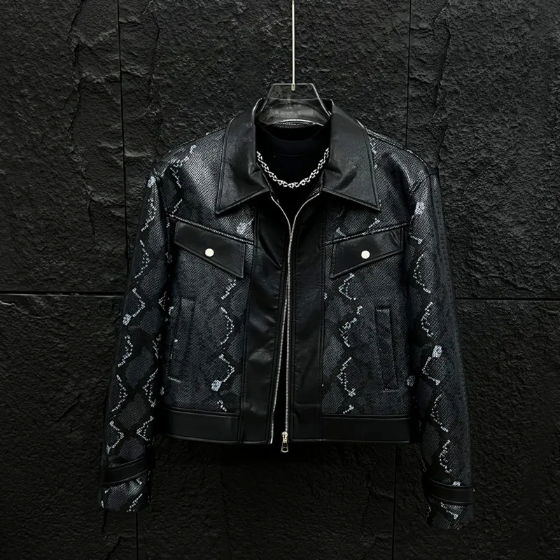 WVGA Autumn Winter New Man Pattern Printed Turn-Down Collar Leather Jackets Niche Stylish Casual Padded Shoulder PU Coats W14802