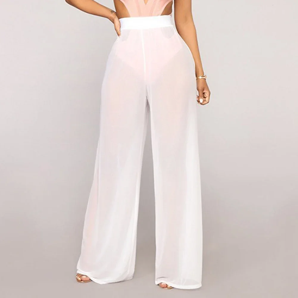 Hose mit hoher Taille, durchsichtig, weich, dynamisch, elastisch, lang, locker, aus Mesh, Polyester, einfarbig, transparent, für den Strand – Detail 12