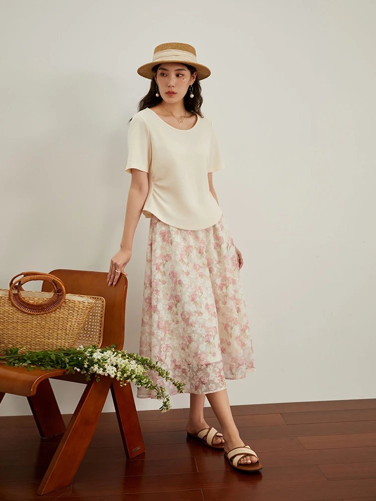 DUSHU French Gentle High Waist A-LINE Two-Color Umbrella Skirts Summer Thin Women Long Skirts Mid-Calf Chiffon Female Skirts