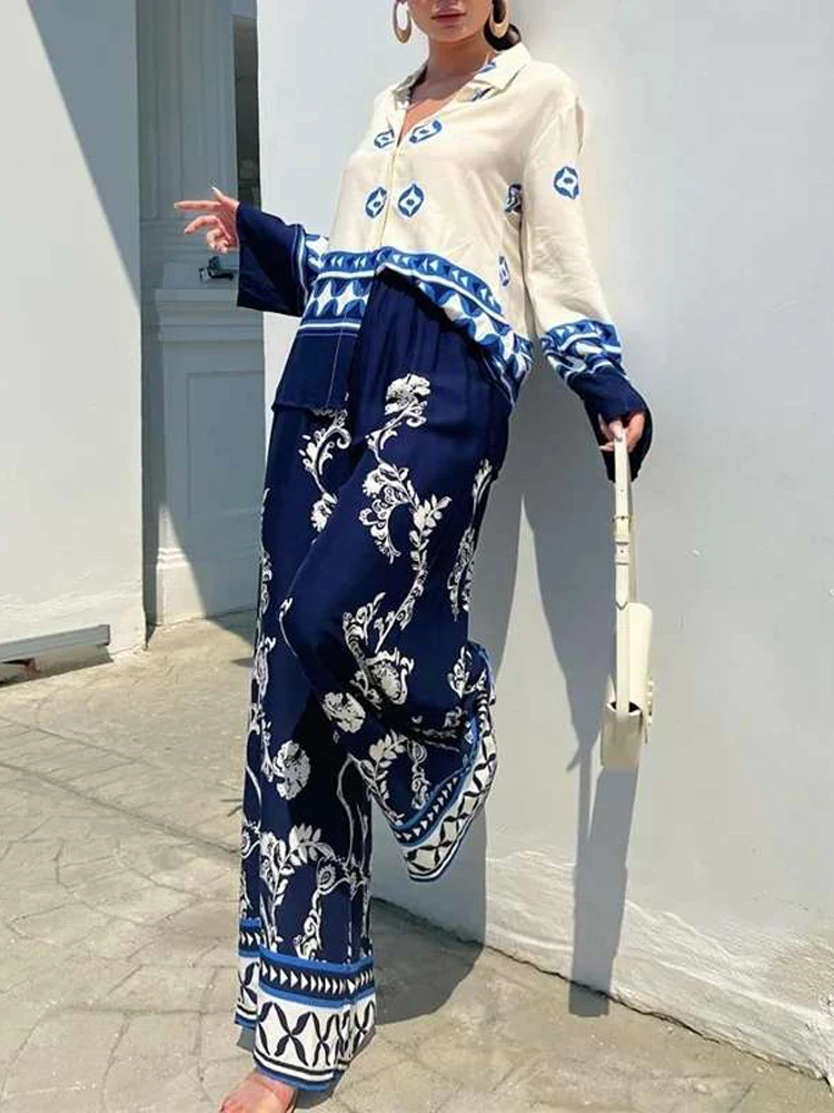 Casual Fashion Print Loose Lapel Shirt Wide Leg Long Pants Suit Spring Autumn Women Two-piece Set Leisure Ladies Blouse Outfits