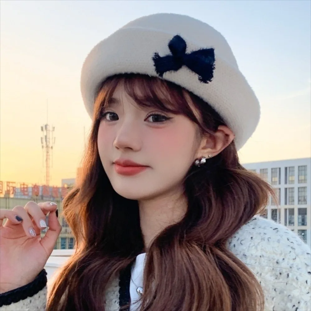 

Retro Solid Color Bow Bucket Cap Knit Versatile Woolen Fishing Cap Y2k Roll Brims Women Bucket Hat Girls
