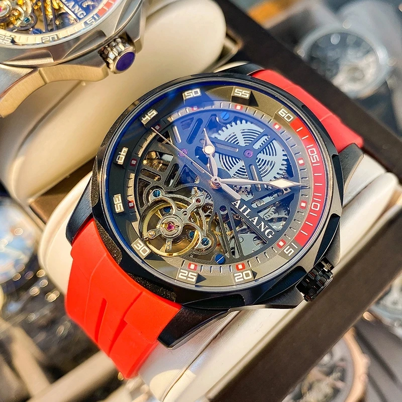 AILANG Brand New Luxury Tourbillon Watch for Men Sport Silicone Waterproof Luminous Fashion Skeleton Mechanical Watches Mens