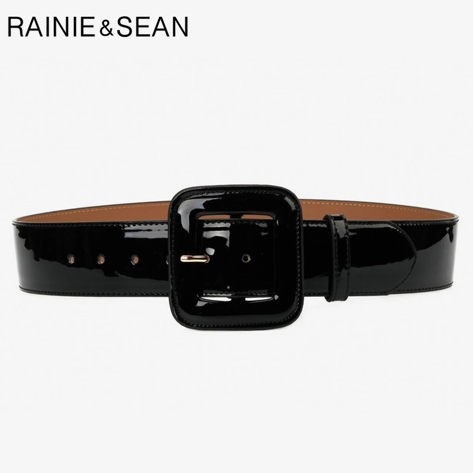 RAINIE SEAN Wide Belt Female Dress Belts Patent Leather Genuine Cowhide Black Elegant French Luxury Designer Women Waist Belt