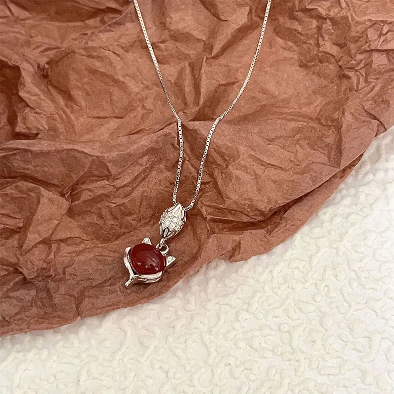China-Chic Fox Pendant S925 Sterling Silver Inlaid Red Agate Diy Bracelet Necklace Accessories