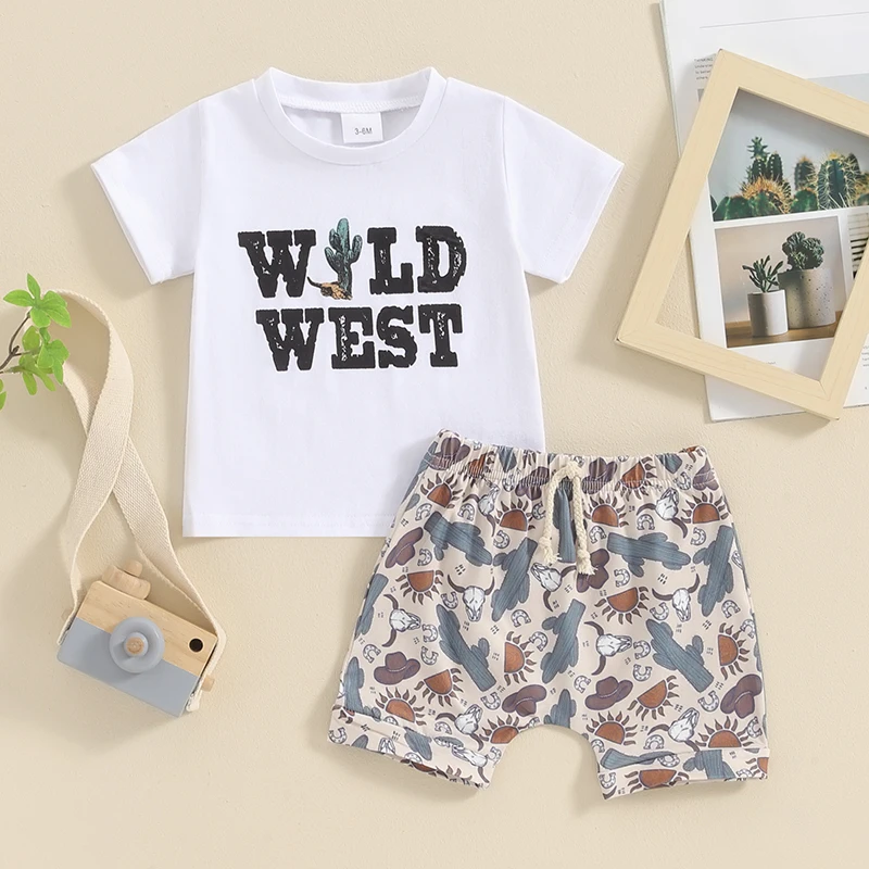 

2024-03-04 Lioraitiin Summer Toddler Baby Boy Western Clothes Short Sleeve Cactus Letter Print Tops + Shorts Set Outfits 2Pcs