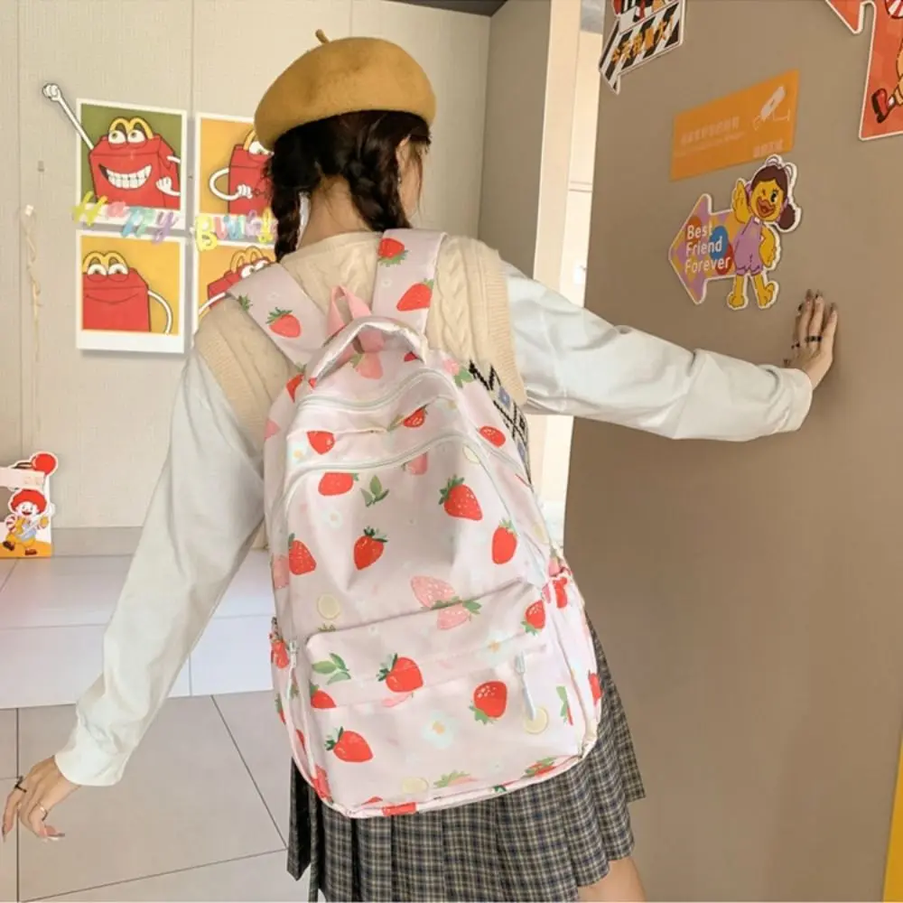 Large Capacity Strawberry Printed Backpack Multi Pocket Adjustable Strap Students Knapsack Korean Style Harajuku School Bag