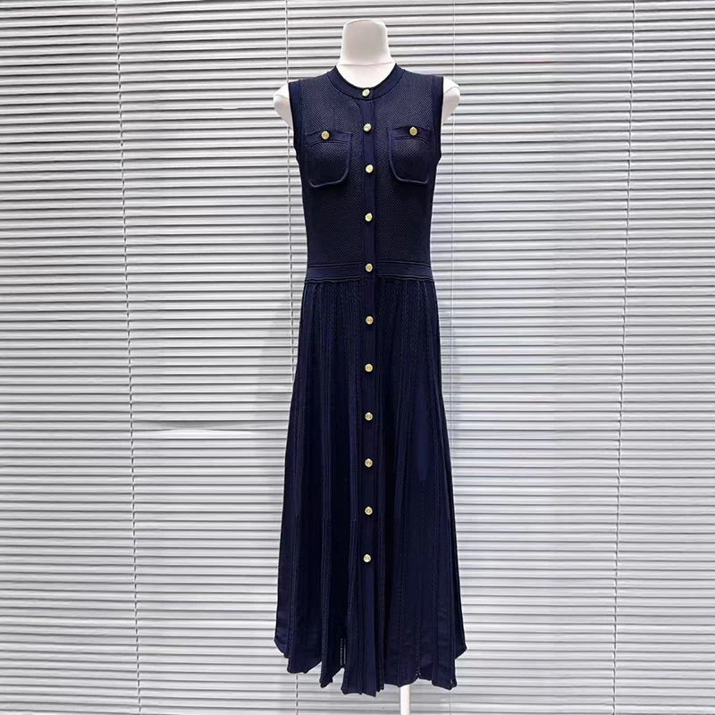 Langes Kleid mit französischer Weste für Damen, ärmelloses Strickkleid mit Rundhalsausschnitt, hochwertige Kleider, Sommer, neu, 2025, y2k