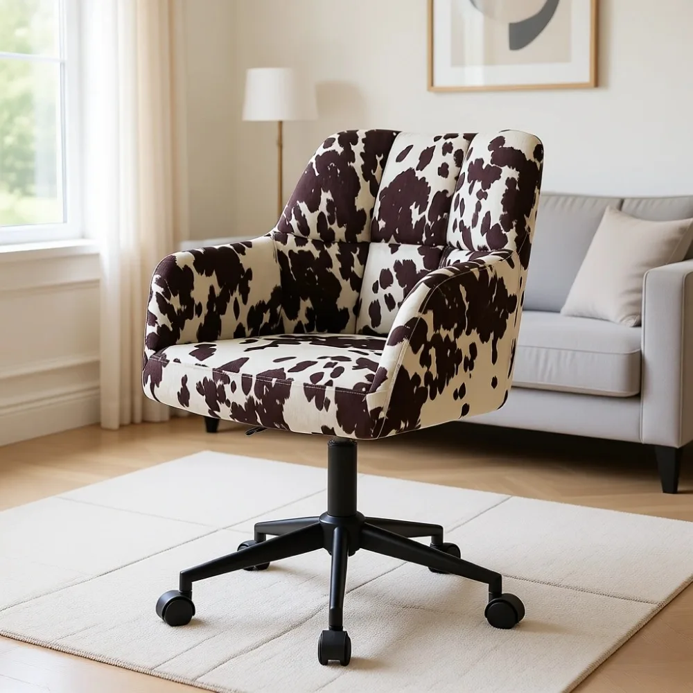 Velvet Cow Print Desk Chair with 360° Swivel and Adjustable Height for Home Office and Living Spaces