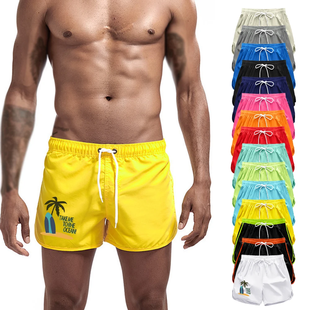 

Men's Summer Quick Dry Swimming Beach Shorts Elastic Waist Drawstring Swim Trunks Hawaiian Palm Tree Surfboard with Text Print