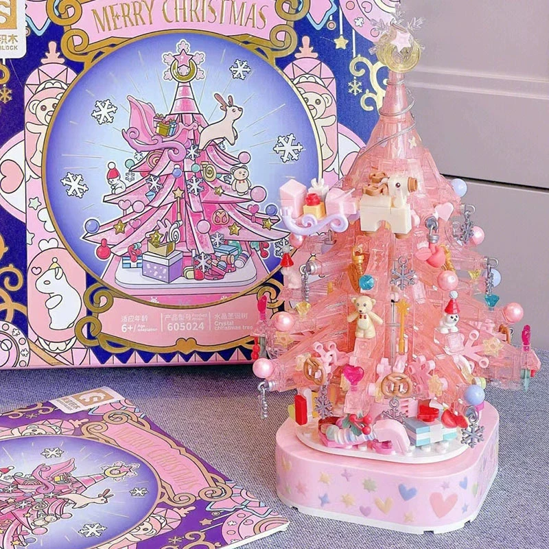 SEMBO Building Block Pink Crystal Christmas Tree Building Blocks  Light Music Box Assembly Bricks Toys for Girls Friendsgift