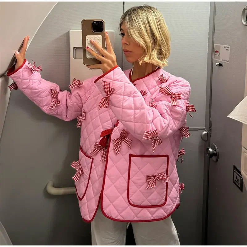 Women Fashion Pink 3d Bows Patchwork Lace Up Cotton Coat Sweet Contrasting V-neck Pockets Quilted Jackets 2024 Lady Chic Outwear