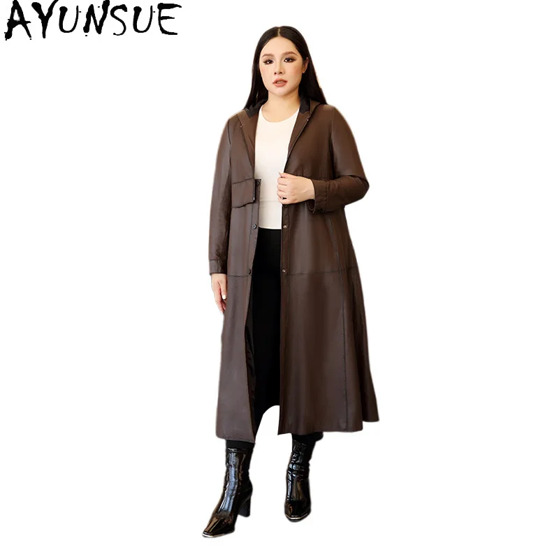 AYUNSUE 천연 양피 정품 가죽 자켓 여성 여성용 롱 트렌치 코트 야채 태닝 가을 옷 Jaqueta Couro