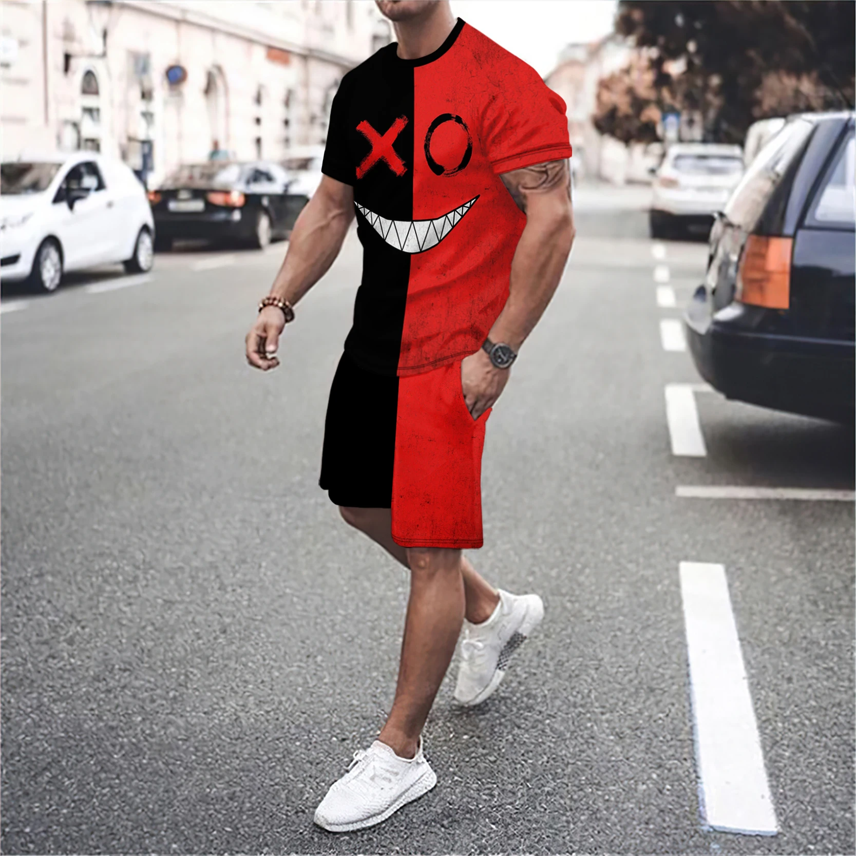 men\'s round neck short sleeved T-shirt and shorts set 3D smiling face letter patchwork fashionable casual basketball sportswear