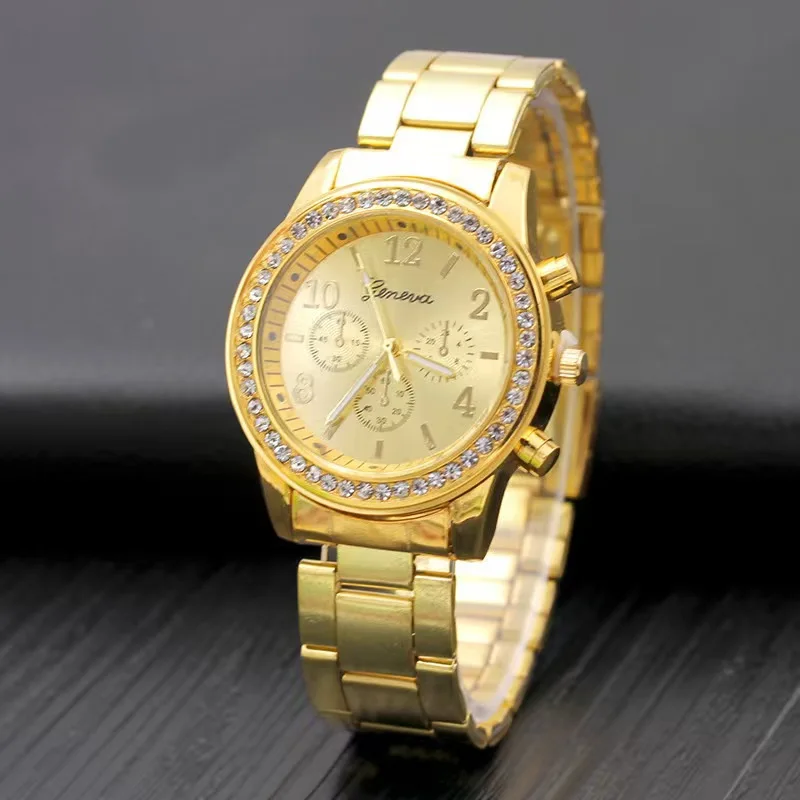 Geneva alloy diamond studded steel strip watch for women, Geneva quartz watch for women