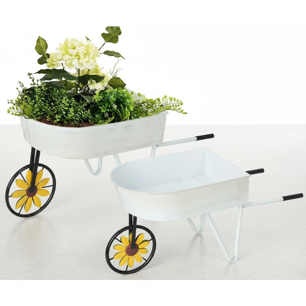 

Vintage Metal Wheelbarrow Planters, 2-Pack Rustic Garden Decor with Triangular Support Handles for Patio Backyard