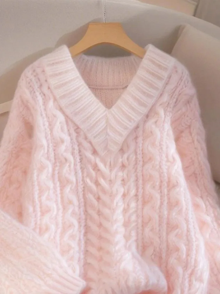 

New Elegant Pink Sweaters Women Sweet Preppy Style Loose Knitted Jumpers Lazy Wind Long Sleeve Female V Neck Kawaii Soft Tops