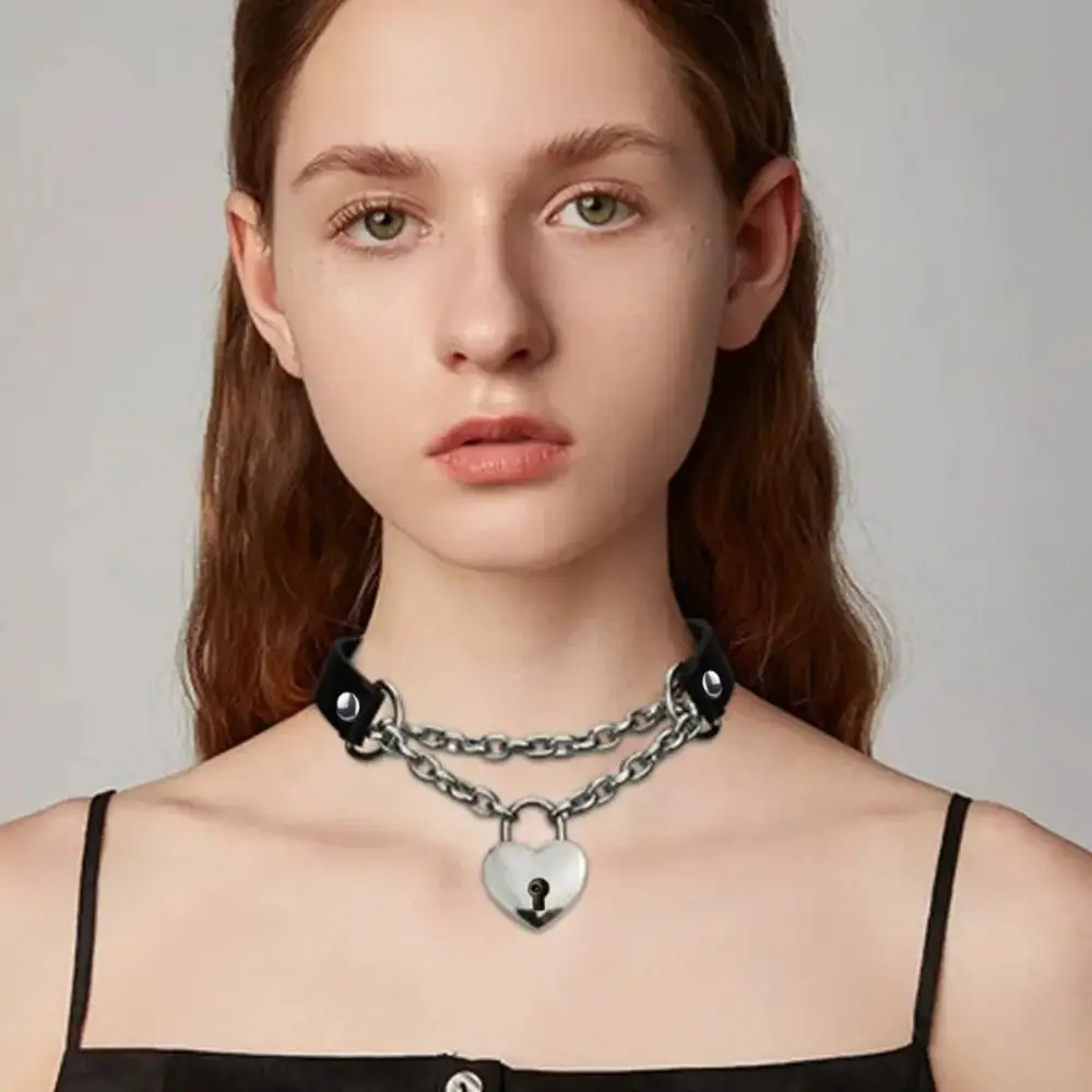 Personality Heavy Lariat Heart Necklace Stainless Steel Punk Rock Slipchain Choker Collar Ring Cuban Long Chain For Women Men