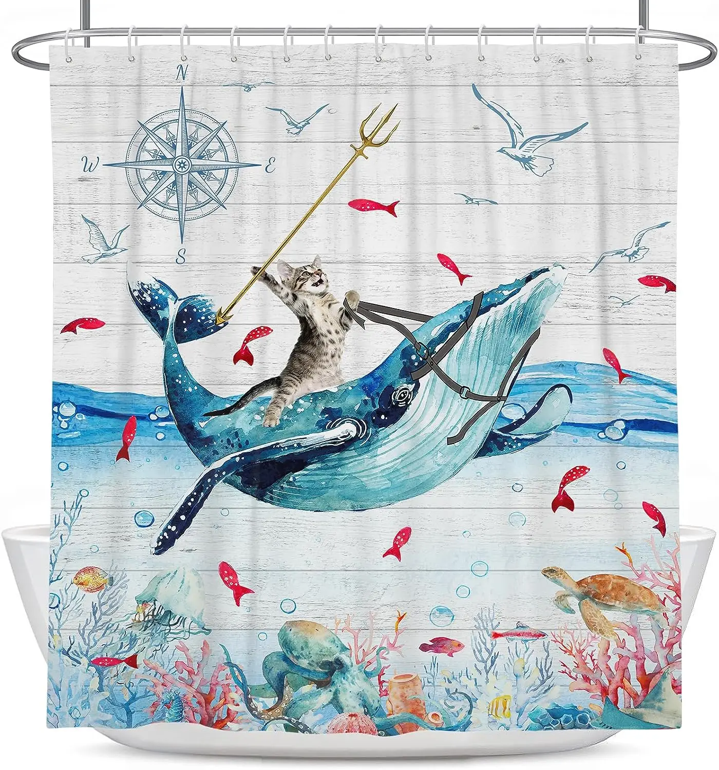 

Funny Cat Shower Curtain Cute Animal Riding Whale Ocean Wave Fish Hilarious Home Shower Curtains Polyester Fabric Bathroom Decor