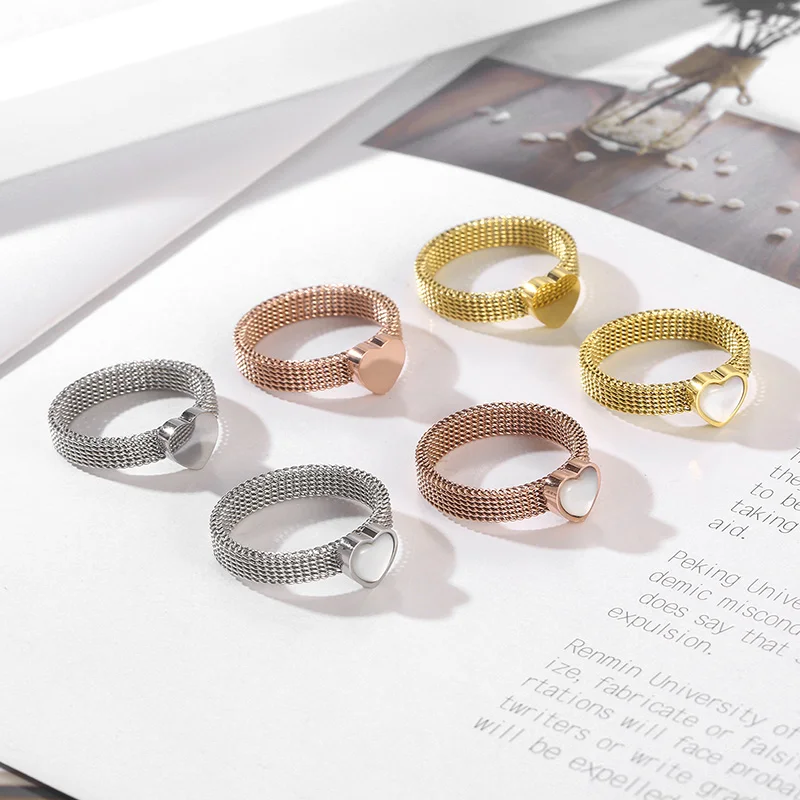 Elegant Stainless Steel Rings for Women Girl Gold Silver Rose-gold Color Shell Heart Woven Mesh Ring Anillos Mujer Jewelry Gifts