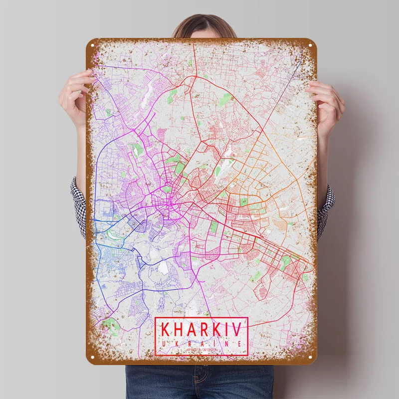 Kharkiv City Map Ukraine Colorful Metal Signs Map Poster Vintage Metal Plate Custom Tinplate Sign for Wall Art Decoration Retro