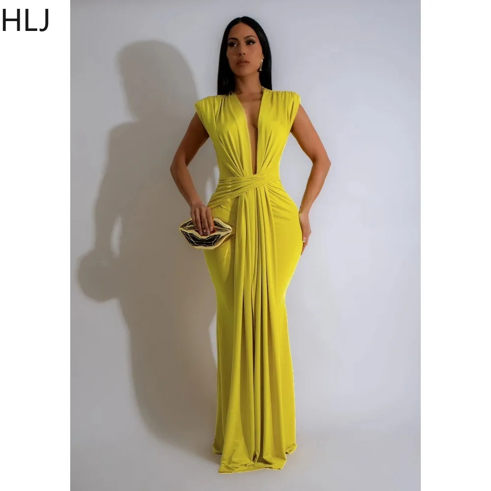 HLJ Elegant Lady Deep V Ruched Bodycon Floor Dresses Women Solid Color Sleeveless Slim Party Club Robe Vestidos Fashion Clothing