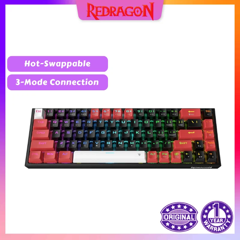 

Redragon K631 PRO 65% 3-Mode 2.4Ghz Wireless Wired BT 3.0/5.0RGB USB Gaming Keyboard 68 Keys Hot Swappable Compact Mechanical