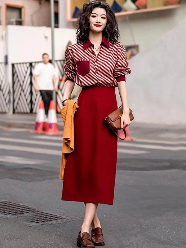 

Retro Chic Red Striped Skirts Set Loose Shirts Suits High-waist Slim Stright Skirts Suits For Women Spring Summer Two Piece Set