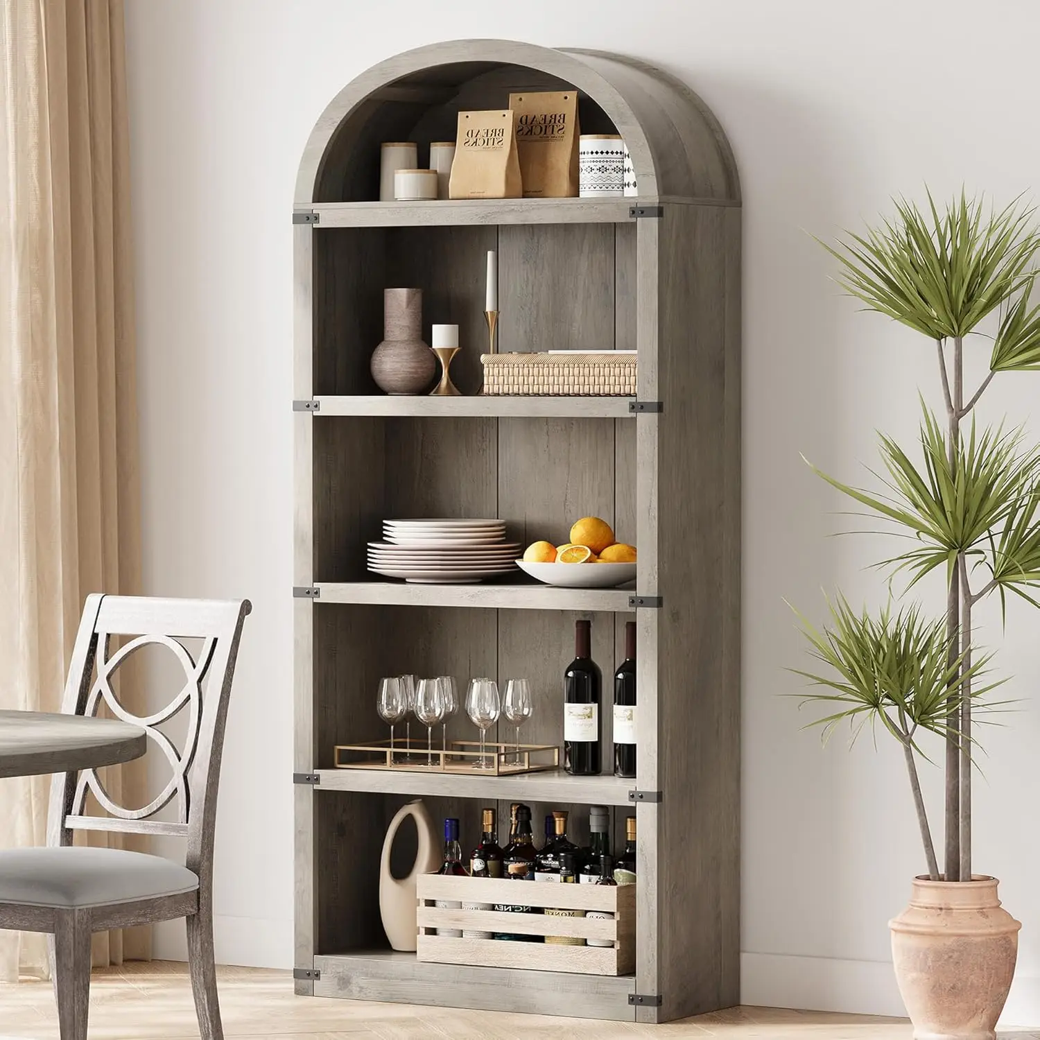 Gewölbtes Bücherregal mit 5 Regalen, 71,65 Zoll hohes Bücherregal, Bauernhaus-Display, Lagerregal, Bücherregale aus Holz für Zuhause, Büro, Wohnzimmer – Detail 3