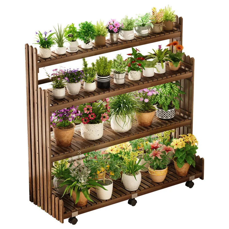

Solid wood flower stand pastoral movable shelf balcony living room floor stepped multi-layer plant flower bracket