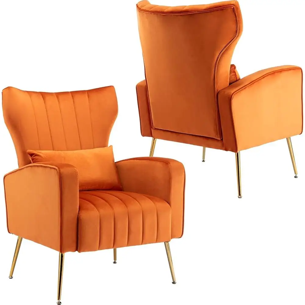 Comfy Upholstered Wingback Accent Chairs Set of 2 with Golden Legs Lumbar Pillow Modern Living Room Bedroom Furniture