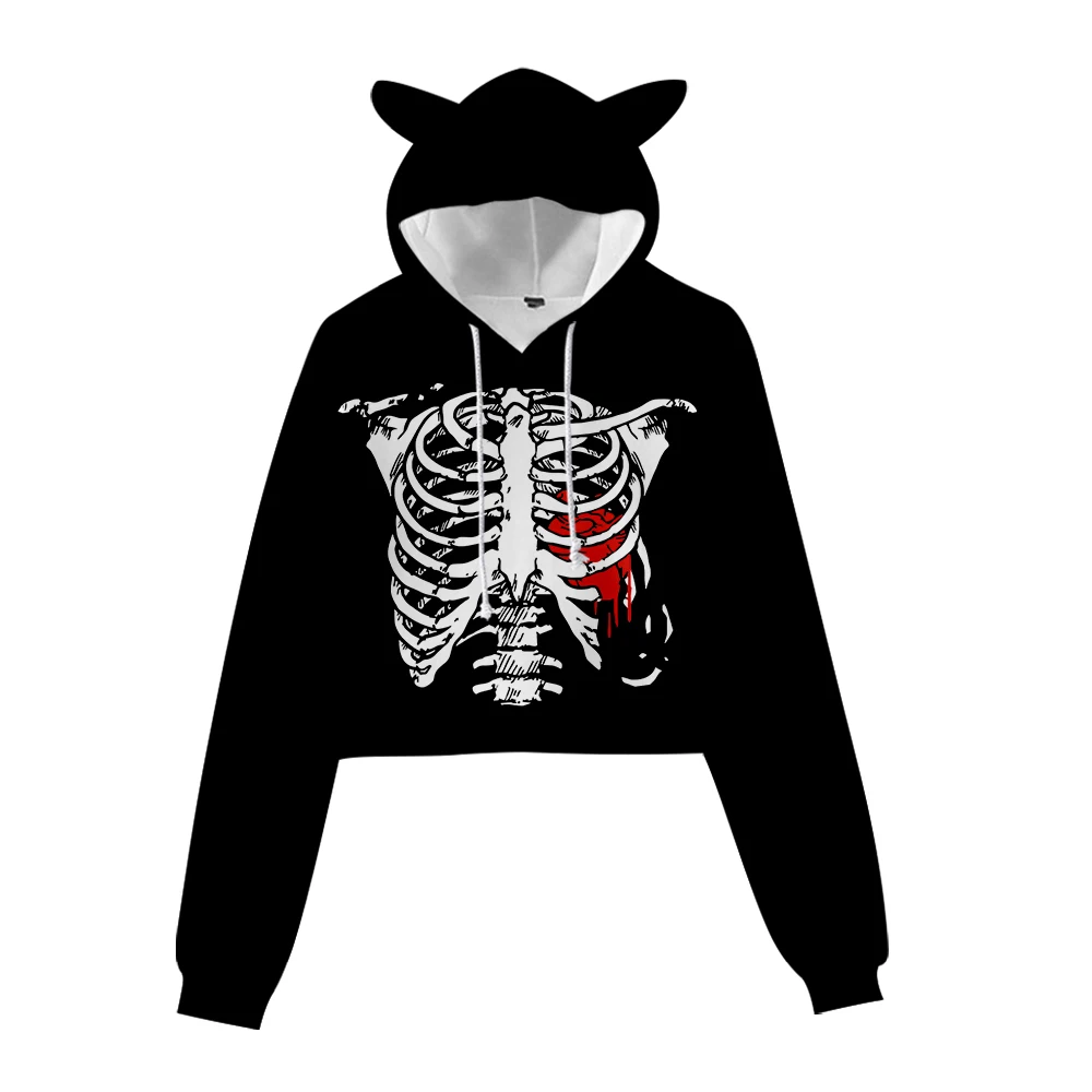 Hip hop Women Clothes Skeleton Skull Heart Cat Ears Crop Tops Women Casual Sexy Short Style Navel Hoodies Girls Sweatshirt 2024