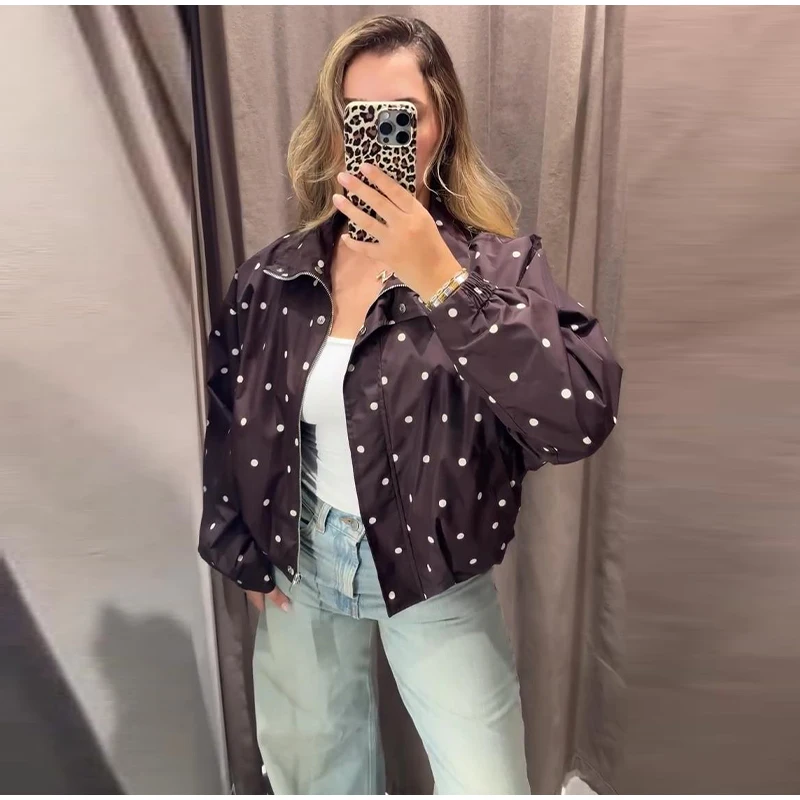 Damen Oversize-Mäntel mit Polka-Dot-Muster, Stehkragen, Langarm, Reißverschluss, Bomberjacken, Herbst, Damen, geraffte, lockere Jacke, neue Oberbekleidung – Detail 2