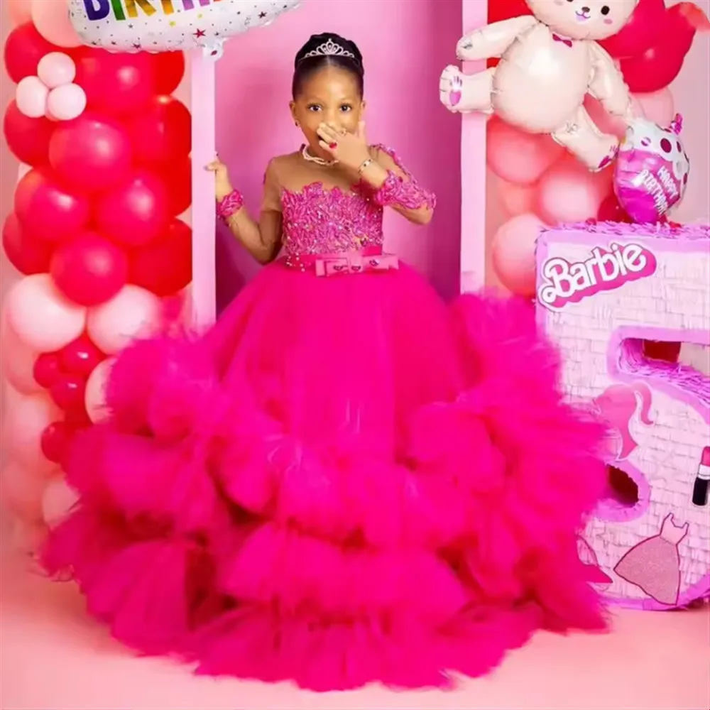 

Luxury Flower Girl Dress for Wedding Tiered Ruffles Full Sleeves Princess Girls Birthday Party Dress Kids Prom Gown Customized
