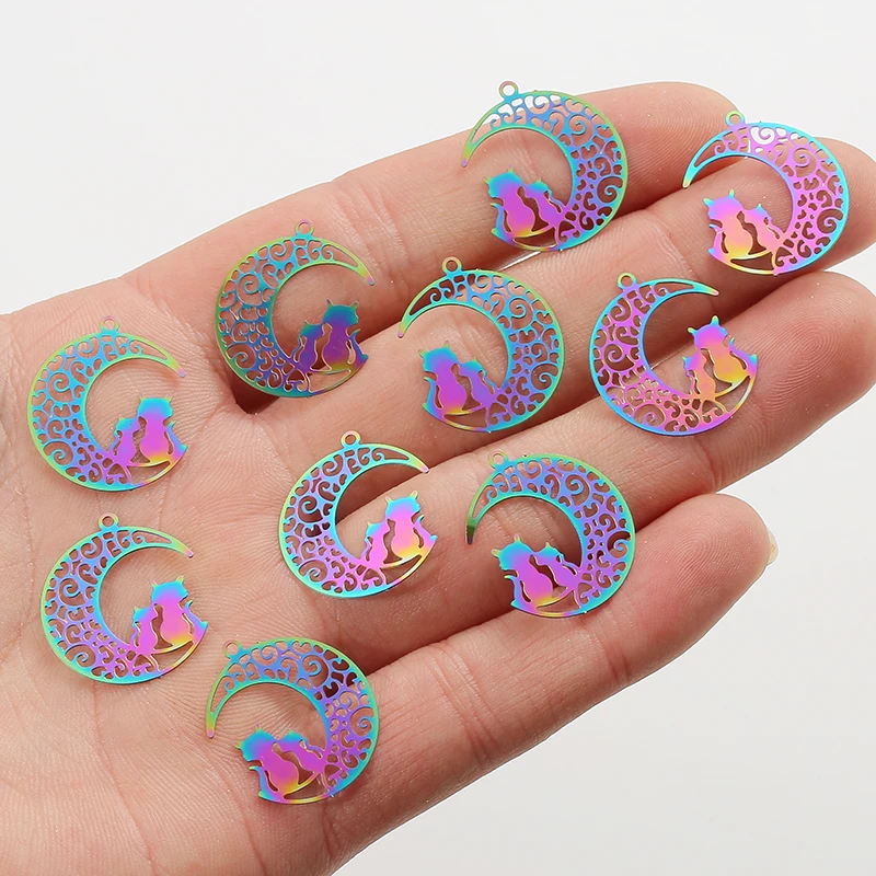 New 10pcs/lot Rainbow Stainless Steel Feather Moon Cat Hollow Pendant Charms DIY Necklace Earring for Jewelry Making Accessories