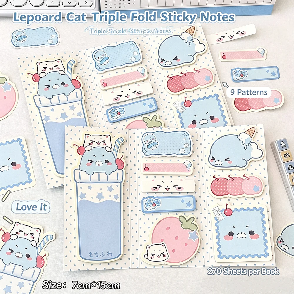 Seal Three fold Memo Notebook Blue and White Cartoon Folding Convenience Sticker Hand Account Collage