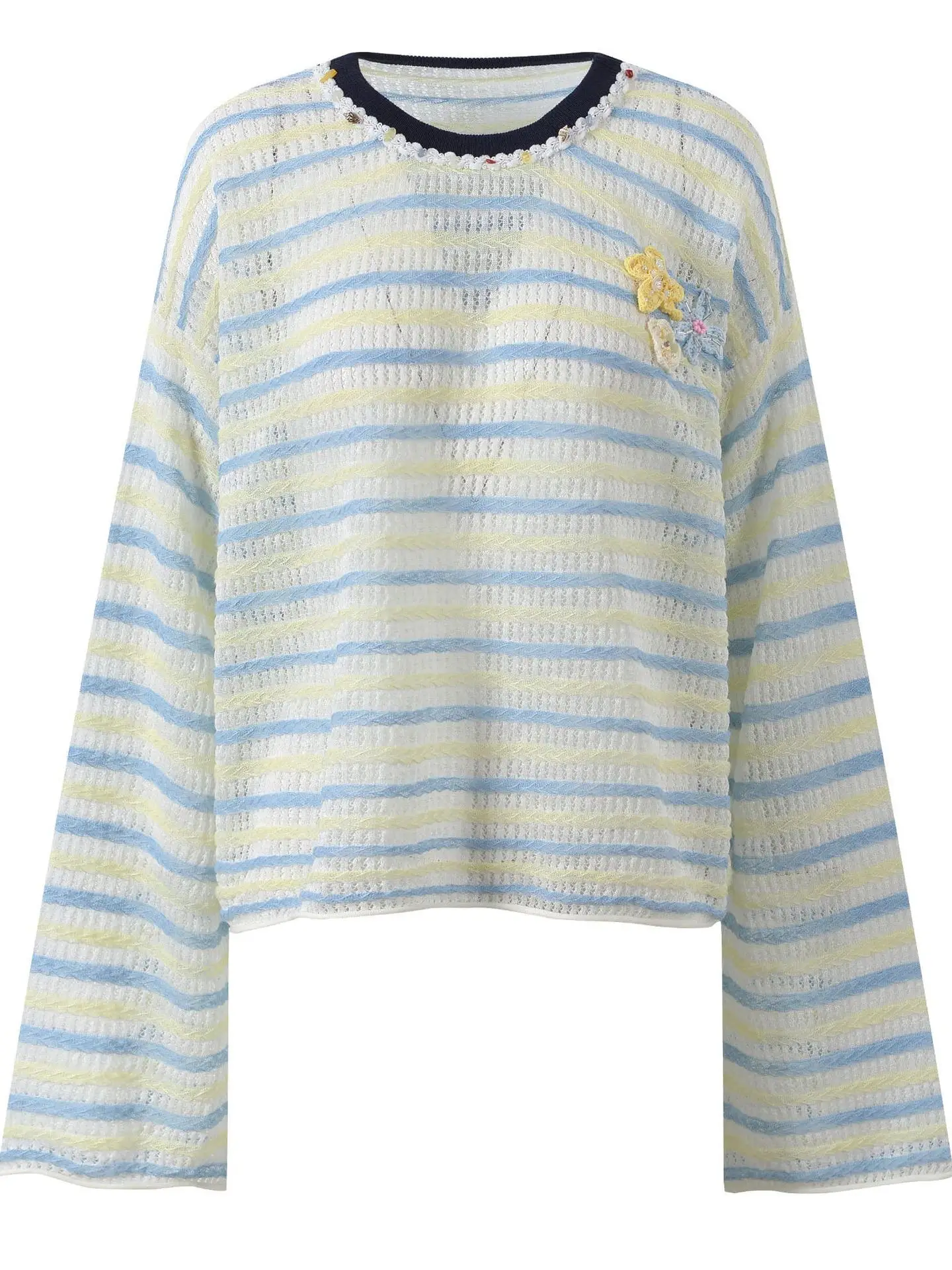 

Вязаный топ ручной работы с цветочным узором, ажурный, с длинными рукавами, свободного кроя, для ранней осени, повседневный, цветной