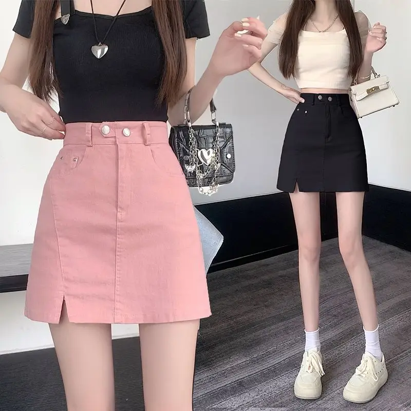 

Women's Skirt Summer Slim Fit New Girl A-line Short Skirt Split Hip High Waist Solid Color Pocket Button Skirts