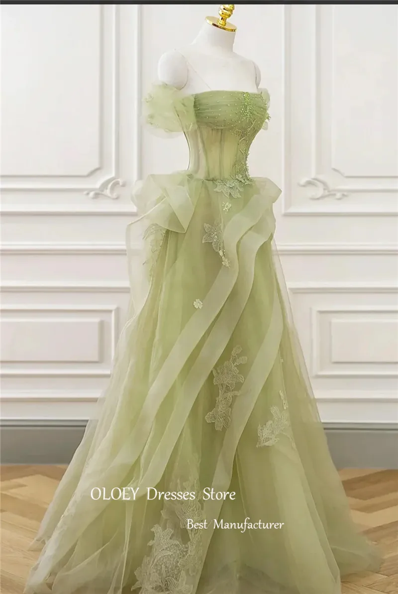 OLOEY Fairy Light Green Tulle A Line Long Evening Dresses Korea Wedding Photo shoot Flowers Pearls Ruffles Party Prom Gowns