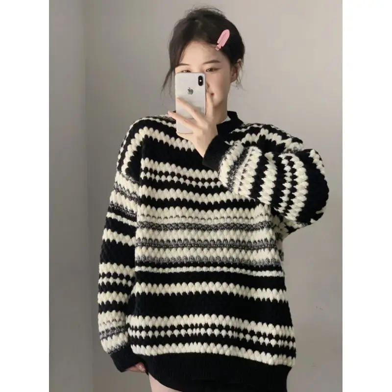 Lazy Style Knitting Striped Loose Pullovers Top Women Clothing Long Sleeve Contrast Casual Sweaters Fashion Korean Spring Autumn