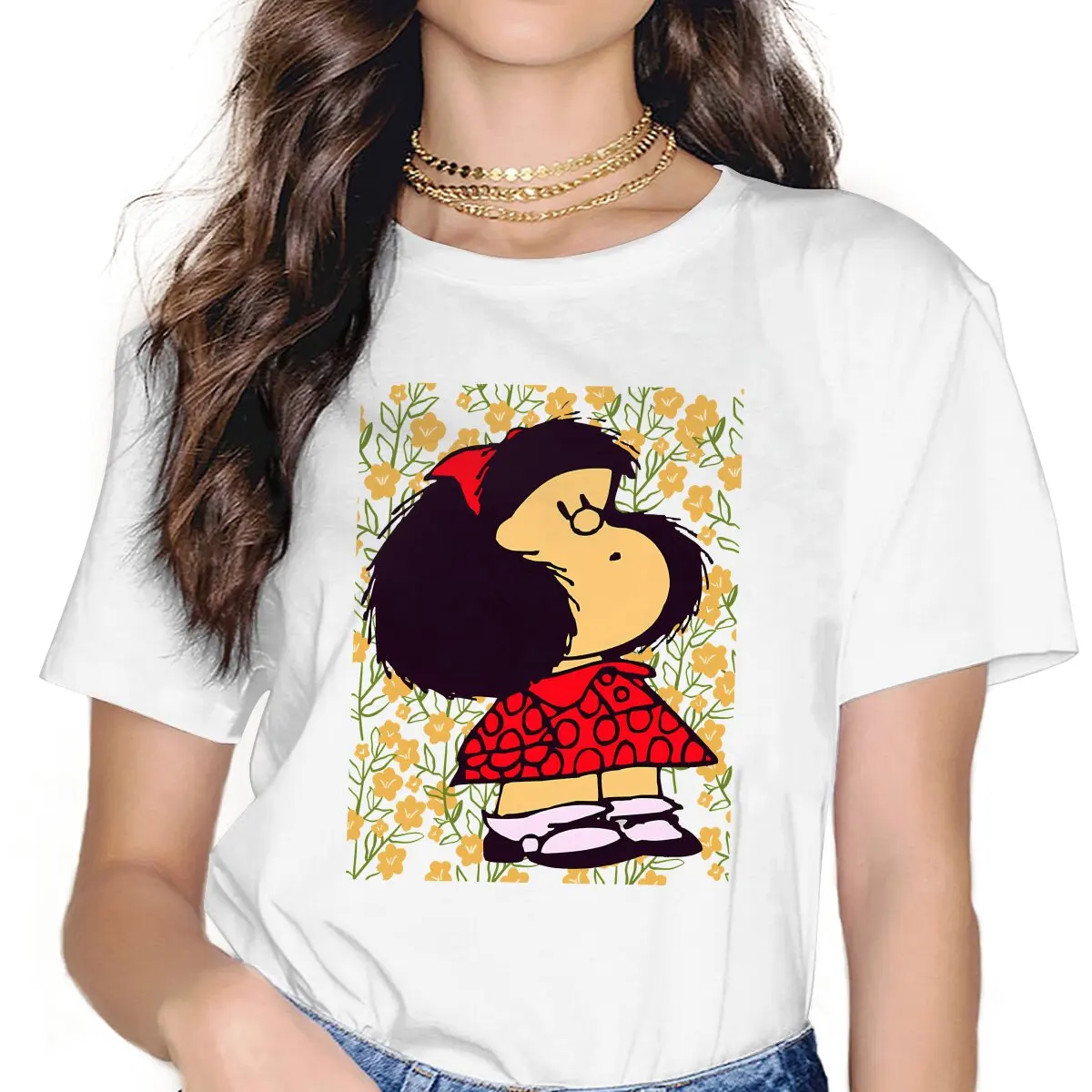 Flowers Women's T Shirt Mafalda Cartoon Ladies Tees Kawaii Polyester Tops Graphic Tshirt y2k Hipster