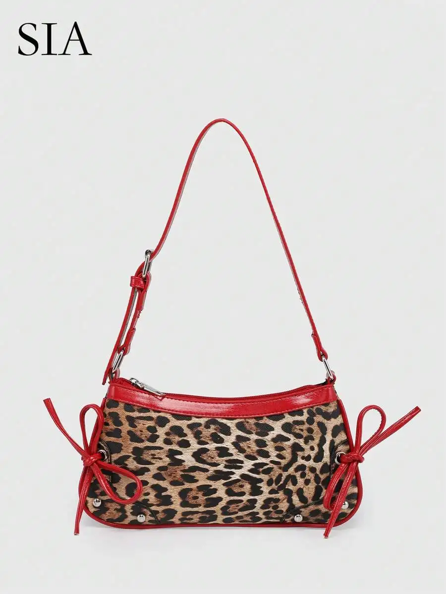 

Red Trim Leopard Print Bow Detail Crossbody Bag for Casual Outings