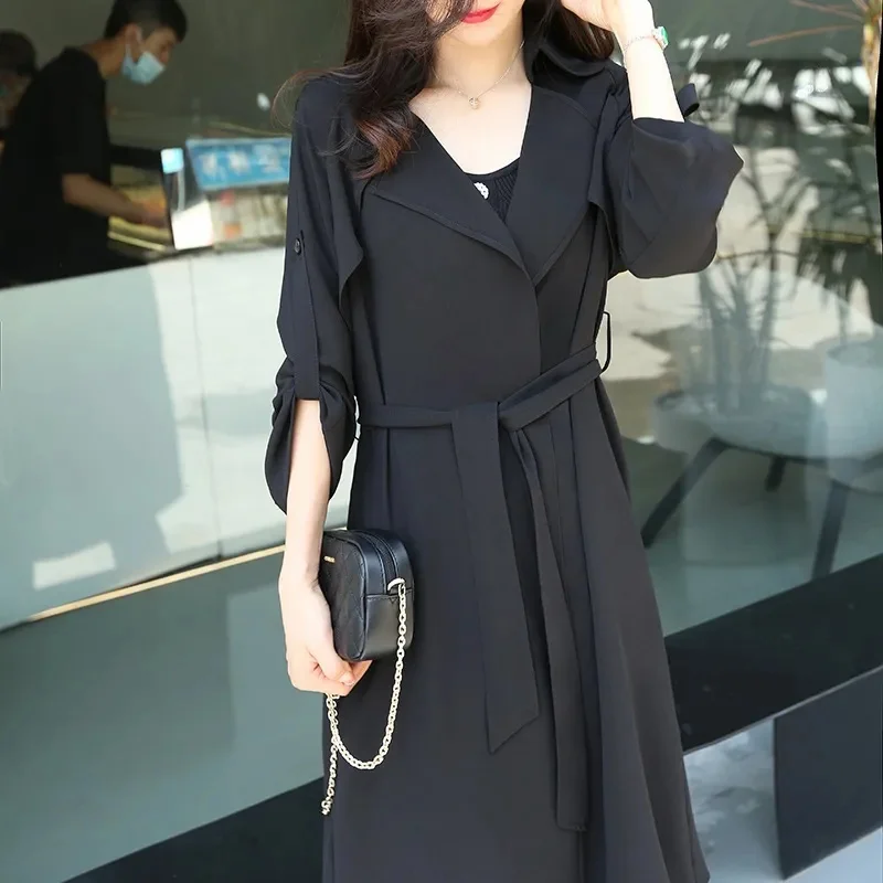 2025 New Summer Cardigan Sunscreen Coat Women Temperament Trench Coat Black Thin Long Fashion Windbreaker Outwear Female